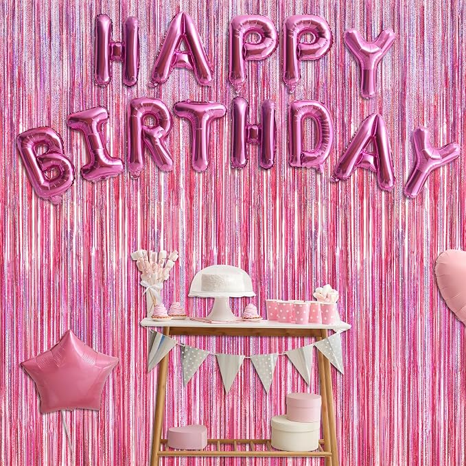 4 Pack Pink Backdrop, 3.28 FT x7.05 FT Foil Fringe Curtains, Metallic Glitter - Image 7