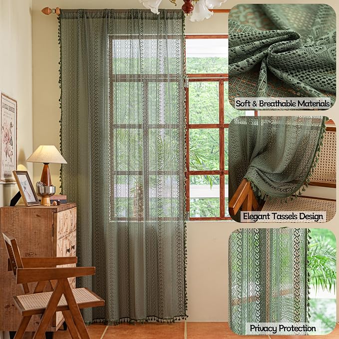Sutuo Home Olive Green Boho Curtains 96 inches Long - Image 2