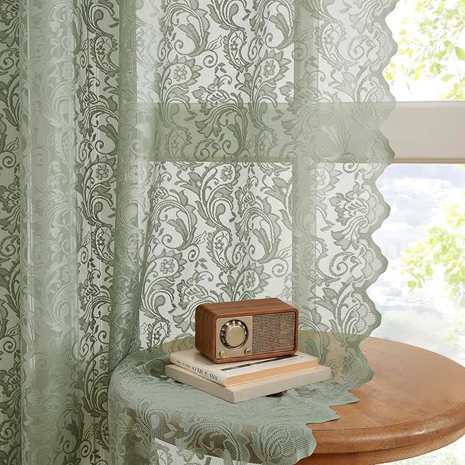 Bujasso Sage Green Lace Pinch Pleat Curtains 84 inch, Vintage Floral Sheer - Image 3