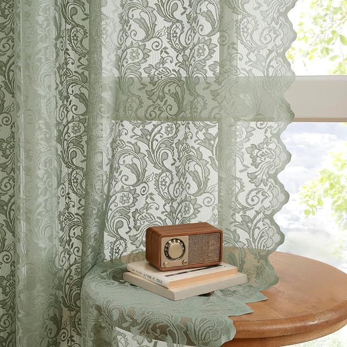 Bujasso Sage Green Lace Pinch Pleat Curtains 63 inch, Vintage Floral Sheer - Image 3