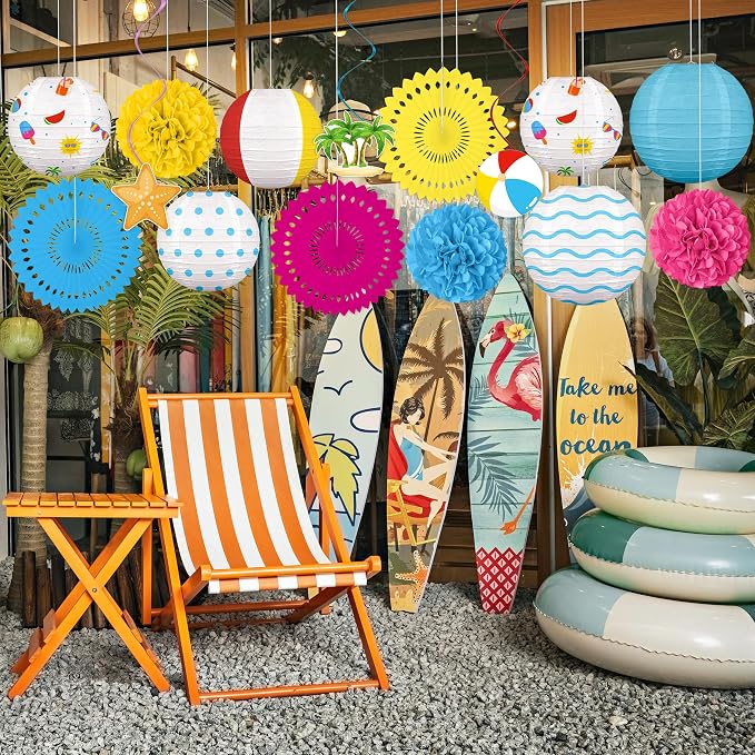 Renbuzhu 15Pcs Beach Party Decorations Paper Lanterns Fans Pom Poms Hanging - Image 4