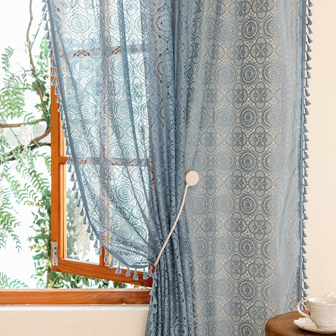 YJ YANJUN Boho Lace Curtains, Dusty Blue Sheer Window Panels | Light Blue - Image 3