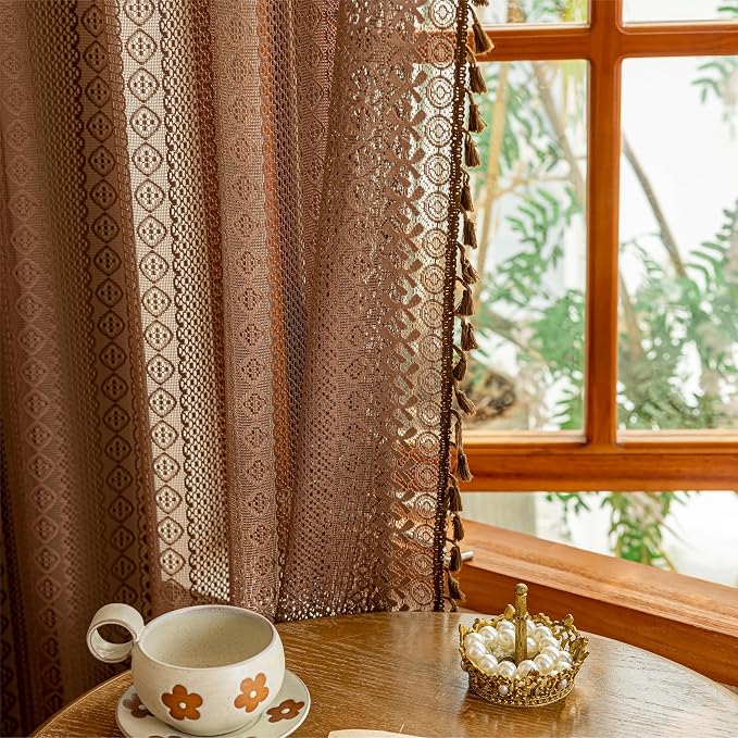 Sutuo Home Dark Coffee Boho Lace Curtains 72 inches Long - Image 9