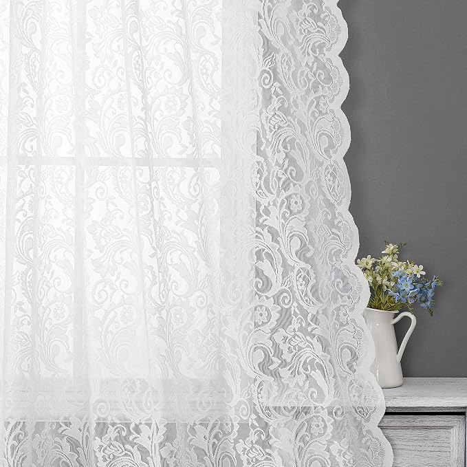 Bujasso White Lace Sheer Curtains Floral Vintage Window Curtain Panels 102 inch - Image 3