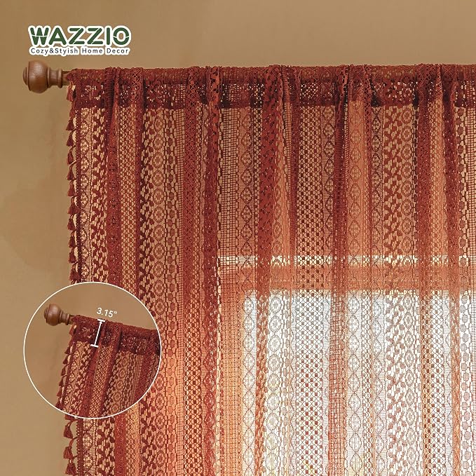 WAZZIO Burnt Orange Curtains Sheer 45 Inch Length Bedroom Short Small Cafe Rod - Image 3
