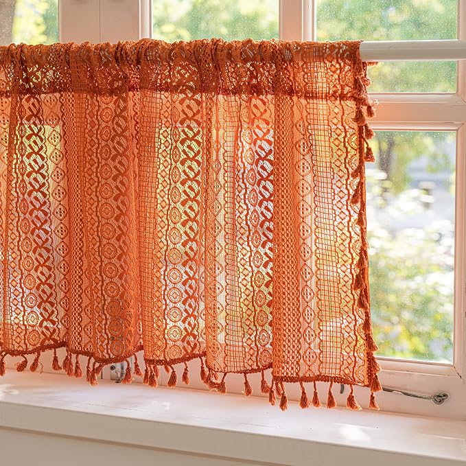 Sutuo Home Terracotta Boho Curtains Crochet Sheer Bohemian Hollow Knitted - Image 2