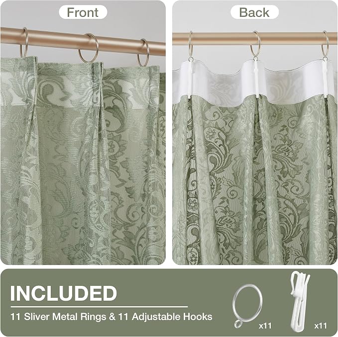 Bujasso Sage Green Lace Pinch Pleat Curtains 96 inch, Vintage Floral Sheer - Image 4