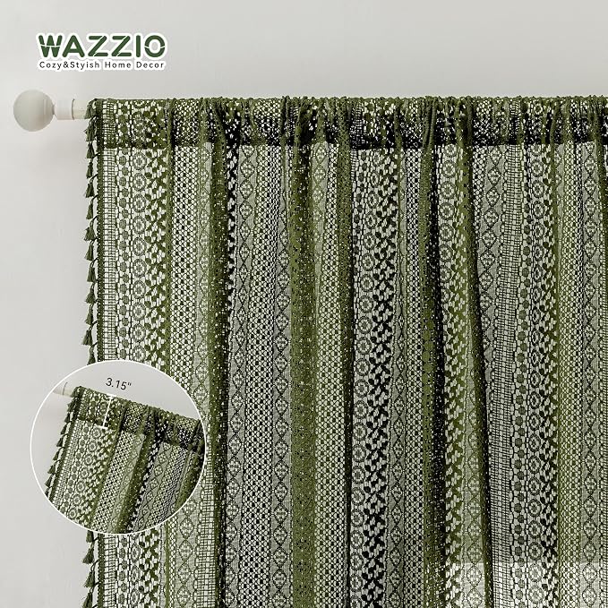 WAZZIO Boho Lace Curtains 84 Inches 2 Panel, Light Filtering Privacy Tassel & - Image 6
