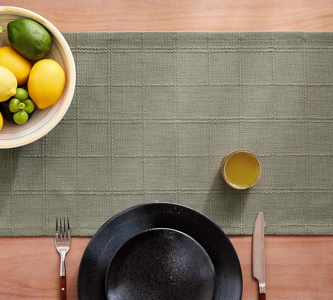 Linen Checked Farmhouse Table Runner, 13x60 Inches Olive | Raised Grid Design - Image 7