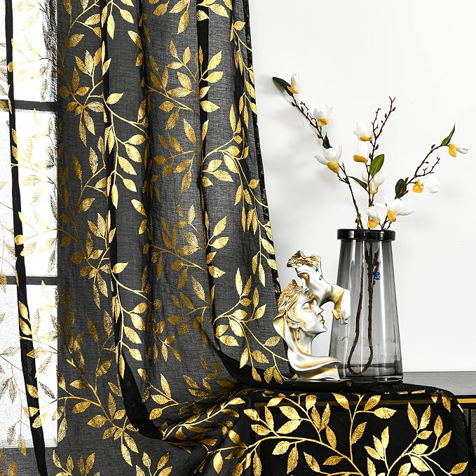 Sutuo Home Black Sheer Curtains 84 Inches Long 2 Panels Set, Luxury Gold Foil - Image 4