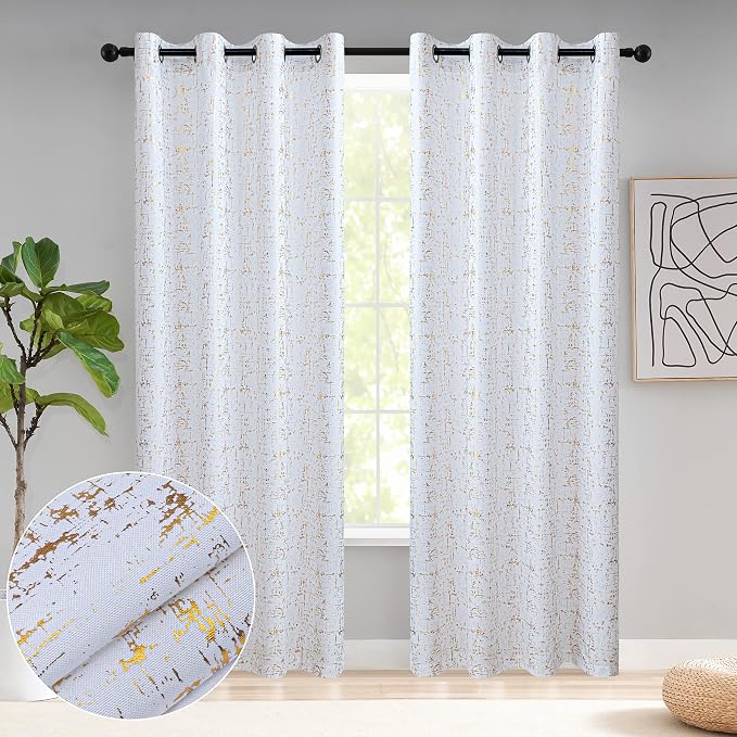 Taisier Home Gold Foil Print Linen Textured Curtains Geometric Dots Pattern by TaisierHome