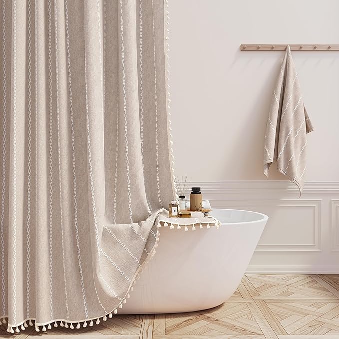 72x78 Long Boho Farmhouse Linen Heavy Duty Shower Curtain, Tan/Taupe | Tall Size by ShowerCurtain