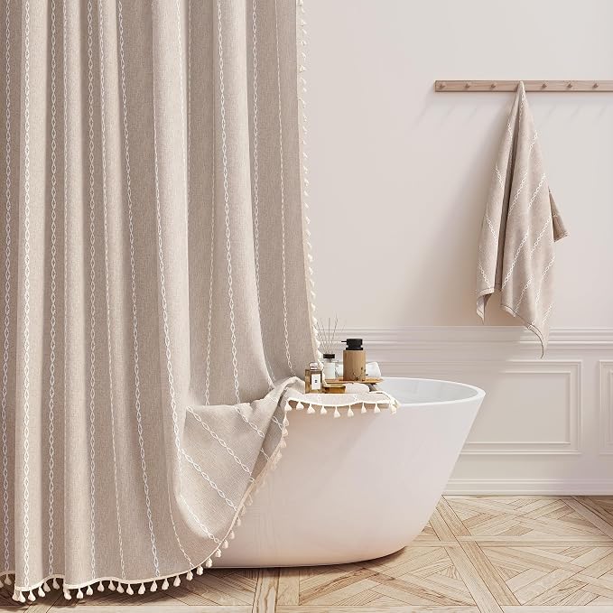 72x96 Extra Long Boho Linen Heavy Duty Shower Curtain Set, Tan/Taupe | Extra by ShowerCurtain