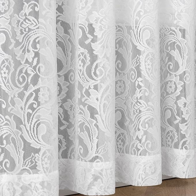 Bujasso White Lace Sheer Curtains Floral Vintage Window Curtain Panels 102 inch - Image 2