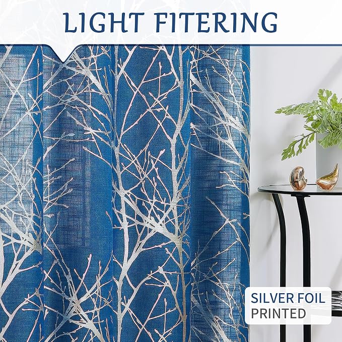 FMFUNCTEX Linen Silver Navy Blue Semi Sheer Print Curtains 96 Inch 2 Panels | - Image 7