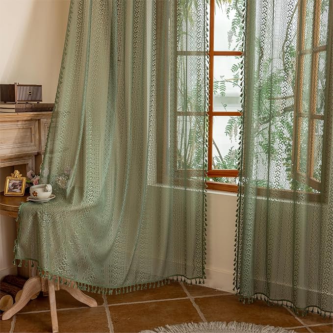 Sutuo Home Olive Green Boho Sheer Curtains 72 Inches Long - Image 7