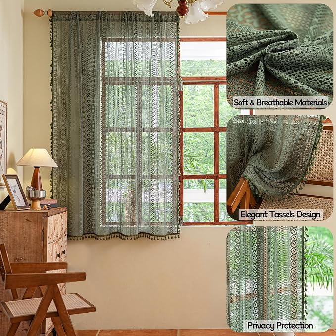 Sutuo Home Olive Green Boho Curtains 63 inches Long - Image 2