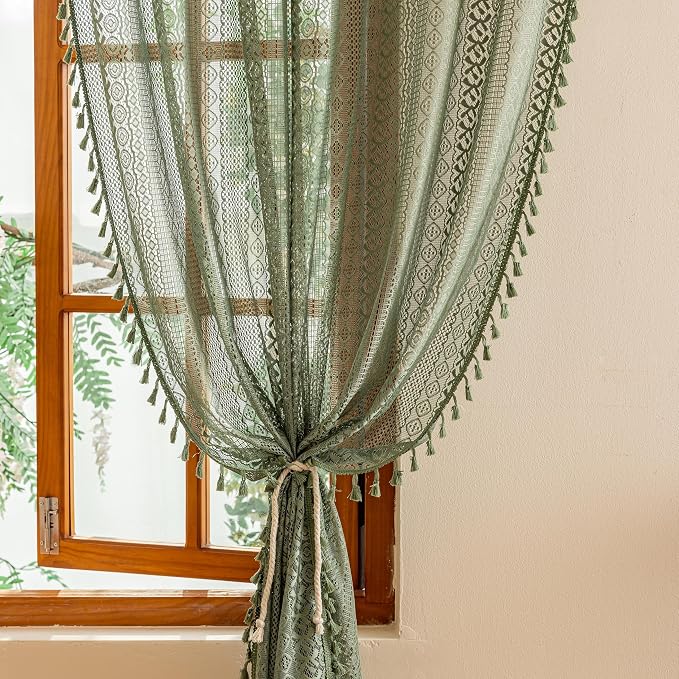 Sutuo Home Olive Green Boho Sheer Curtains 72 Inches Long - Image 3