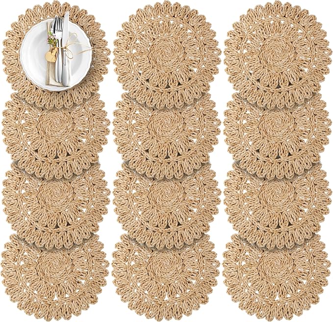 13.8" Corn Husk Woven Round Placemats Set of 12 by DaiVuCrafts