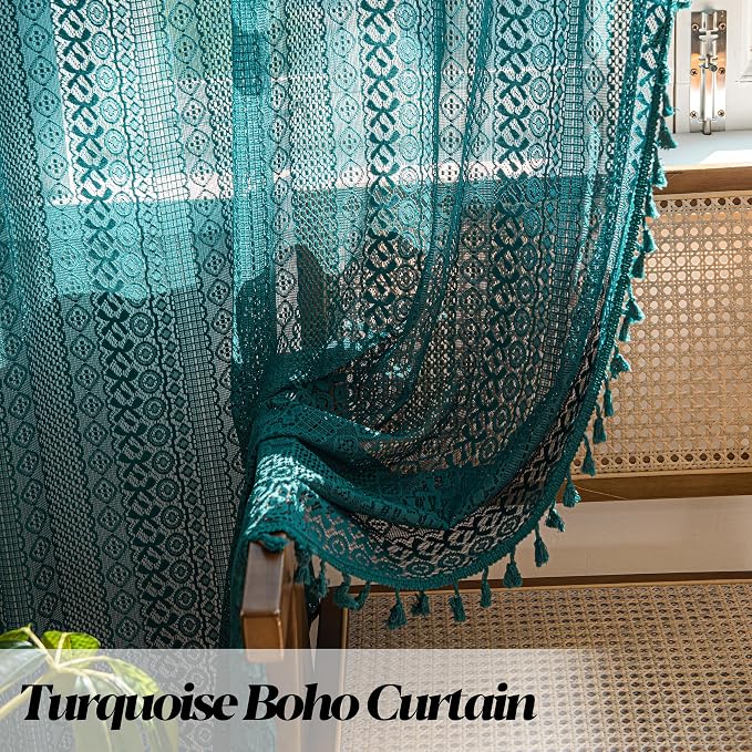 Sutuo Home Boho Curtains Crochet Lace Sheer Bohemian Hollow Knitted - Image 3