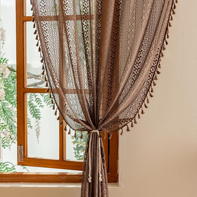 Sutuo Home Dark Coffee Boho Lace Curtains, Sheer Curtains 102 inches Long - Image 3