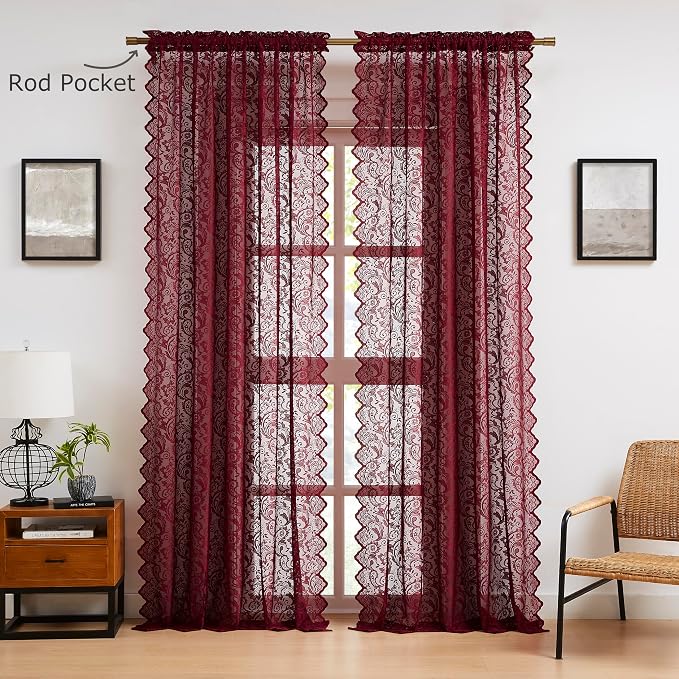 Bujasso Burgundy Red Lace Sheer Curtains 84 inch Length - Image 8