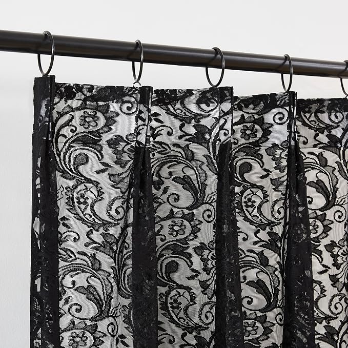 Bujasso Black Lace Pinch Pleat Curtains 84 inch, Gothic Vintage Floral Sheer by Bujasso