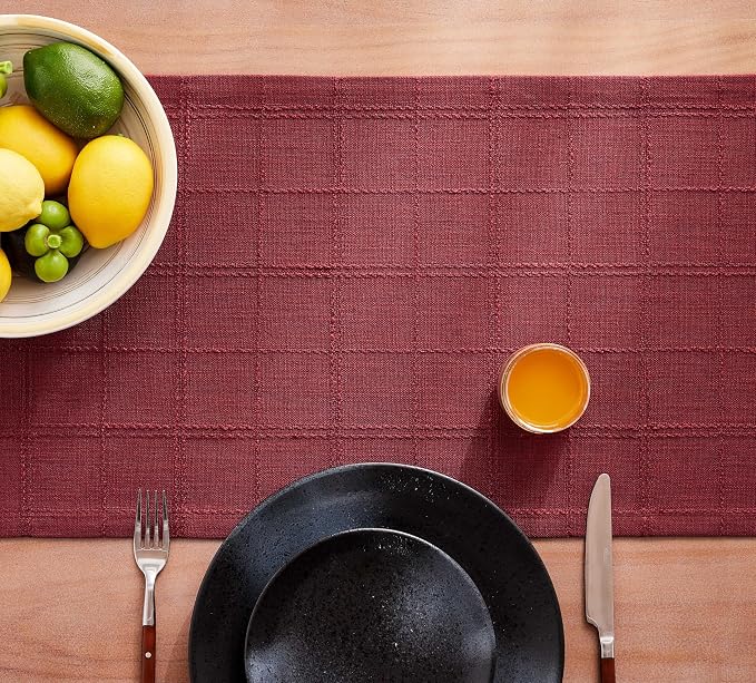 ZeeMart Linen Checked Farmhouse Table Runner, 13x72 Inches Burgundy | Raised - Image 7