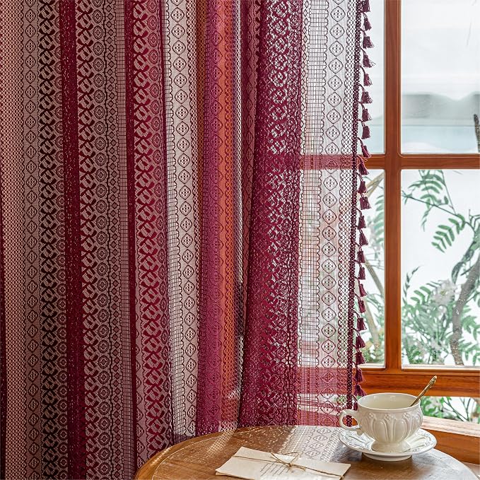 Sutuo Home Burgundy Boho Lace Curtains 96 inches long - Image 5