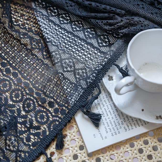 Sutuo Home Black Boho Curtain 84 Inches Length, Sheer Crochet Lace Handmade - Image 9