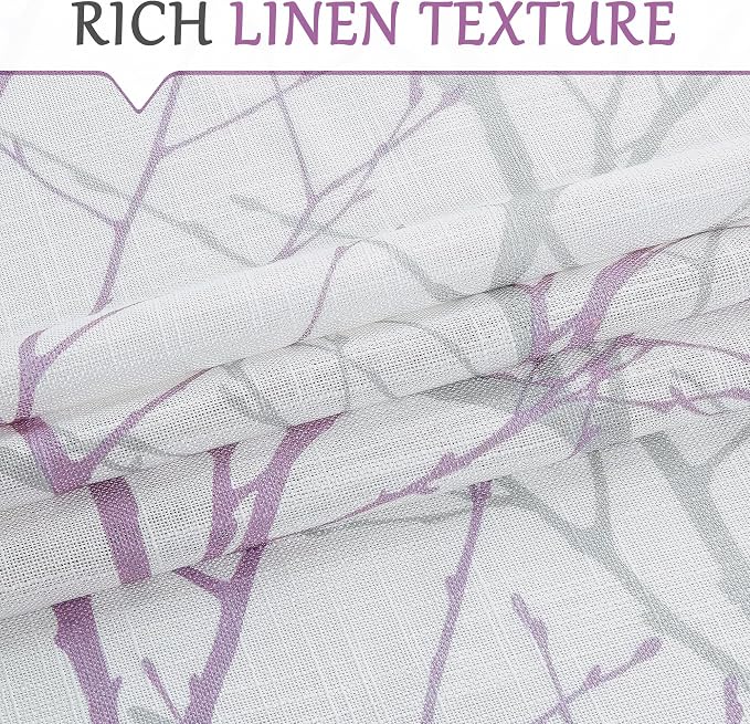 FMFUNCTEX Linen Lilac White Semi Sheer Print Curtains 84 Inch Long 2 Panels | - Image 4