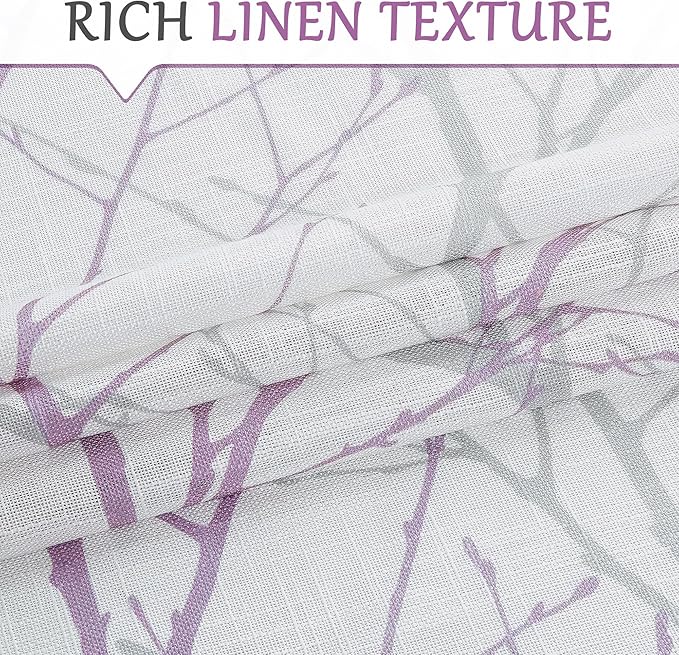 FMFUNCTEX Linen Lilac White Semi Sheer Print Curtains 72 Inch Long 2 Panels | - Image 4