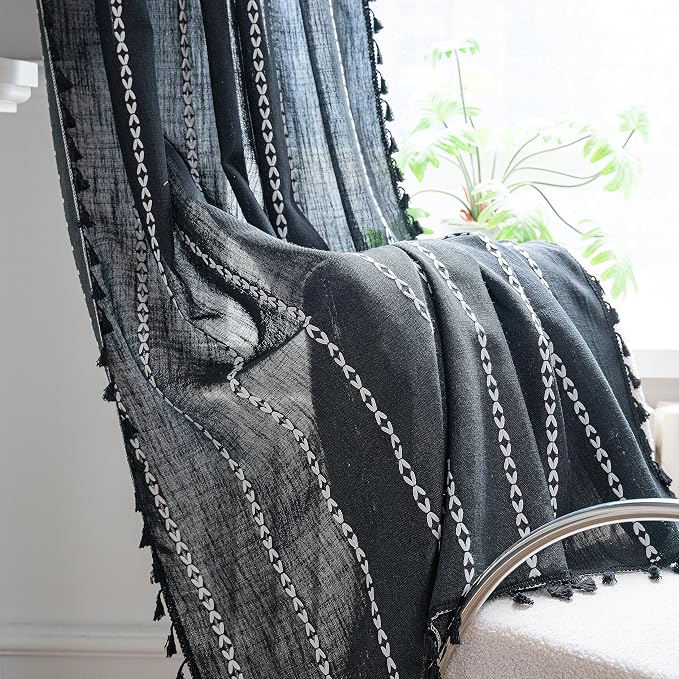 Sutuo Home Black Boho Curtains for Bedroom Living Room, Semi Blackout Linen - Image 3