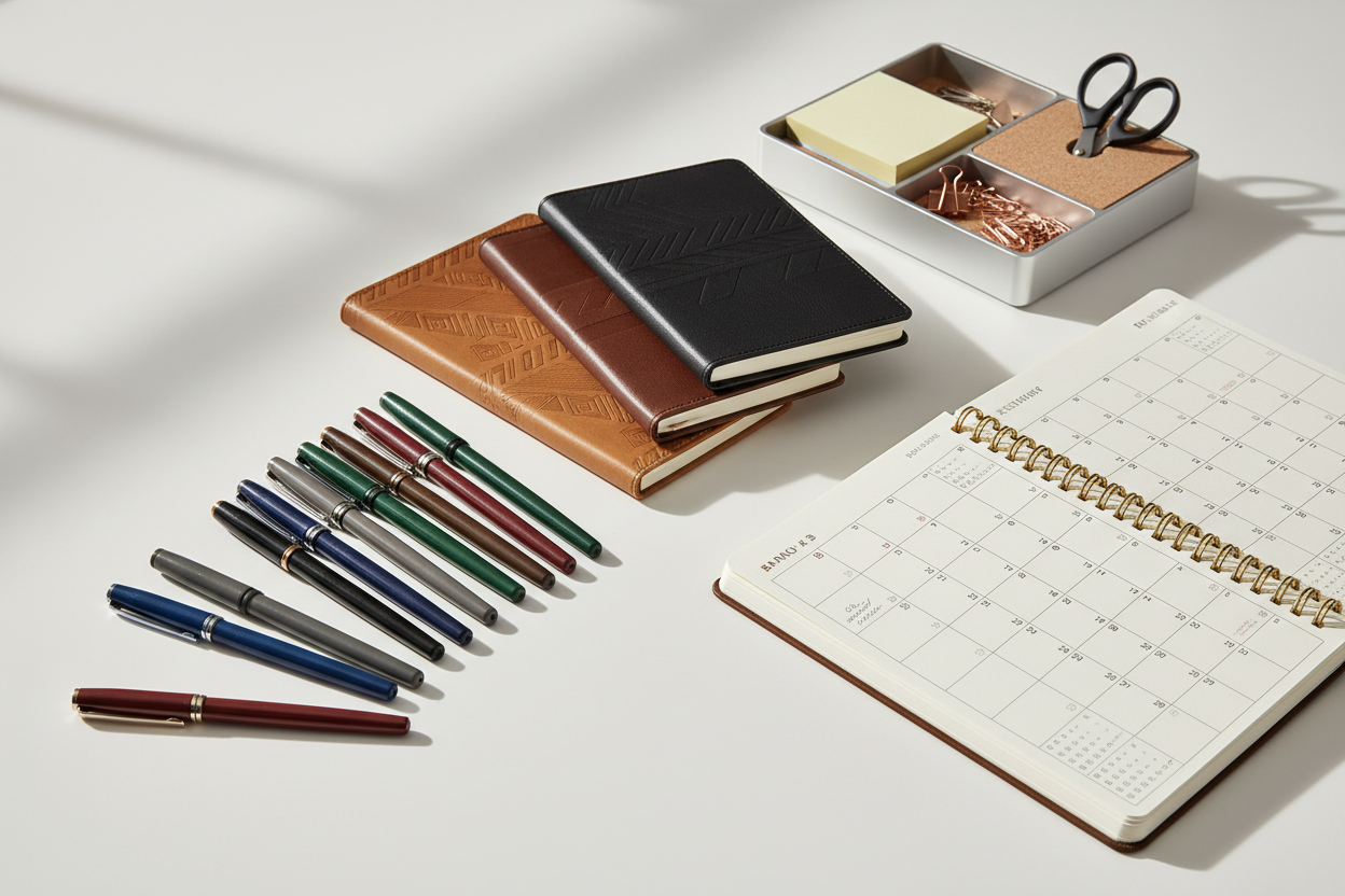 Desk Supplies: Pens, notebooks, organizers, and planners that help you stay on top of tasks. (make it real photo)