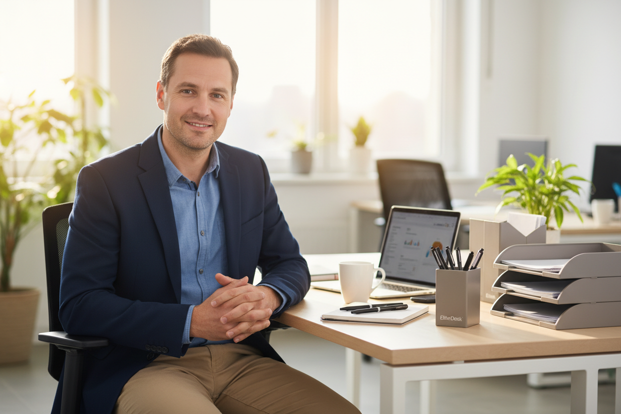 “EliteDesk makes work easier. Their pens write smoothly, and the storage solutions are sturdy and functional. My team loves having these products in the office!” – Michael S. (make it real photo)