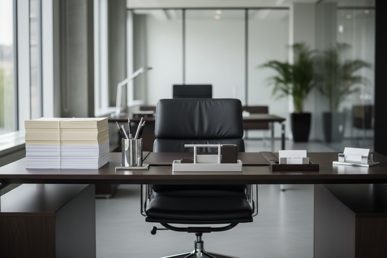 Premium Essentials: High-quality paper, ergonomic chairs, and professional accessories for executives and teams. (make it real photo)