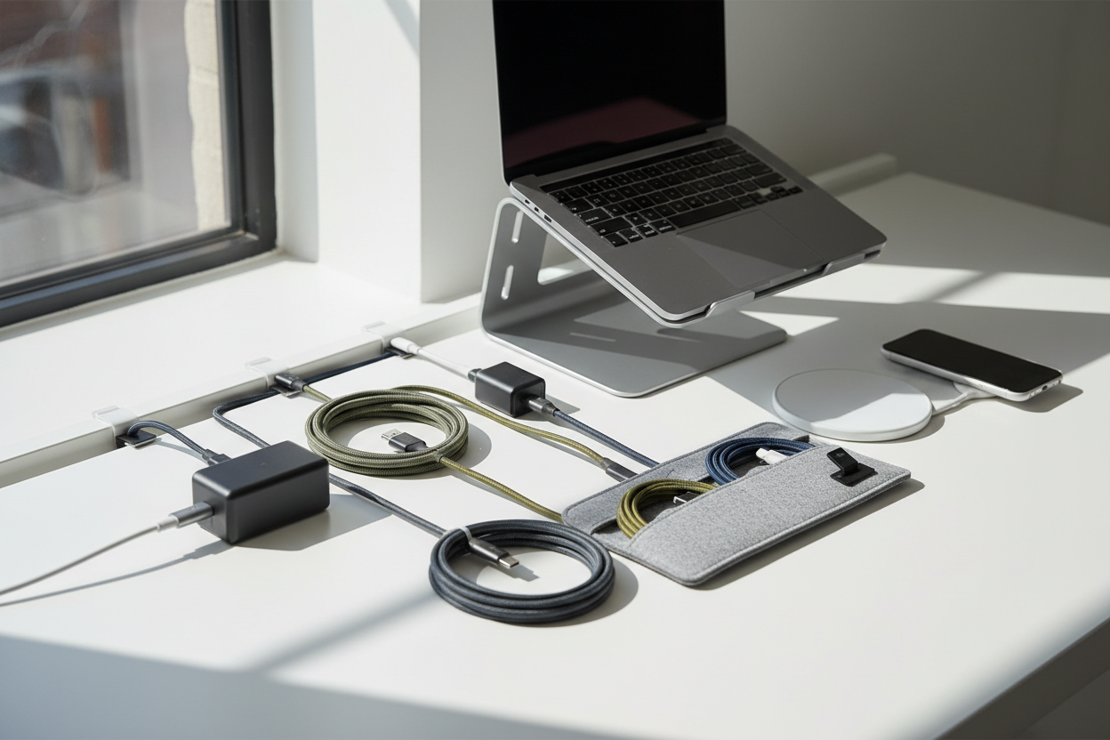 Tech Accessories: Chargers, cable organizers, and laptop stands to enhance your digital workflow. (make it real photo)